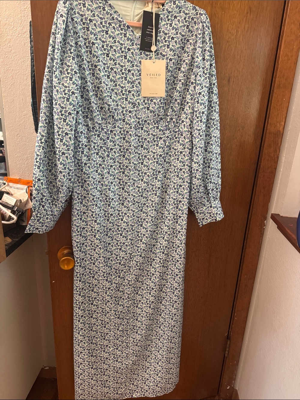 Veiled Blue Floral Maxi Dress with V-Neck and Long Sleeves
